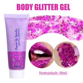 Body Glitter Gel, 50 ml, Chunky Mermaid Sequins, Glitter Face, Festival Glitter for Face/Hair/Body, Face Glitter Gel, Durable & Waterproof for Party, Masquerade, Birthday (Purple Pink)