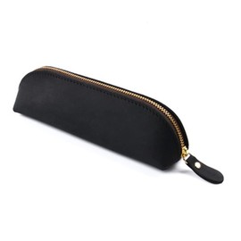 Genuine Leather Pencil Case Stationery Bag Unique Design Zippered Pen Pouch for School Work Office(Black)