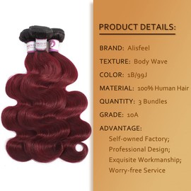 Burgundy Ombre Brazilian Hair Body Wave 3 Bundles, 10A Grade 100% Unprocessed Human Hair, 99J Wet and Wavy Human Hair Weave Bundles (20"22"24")