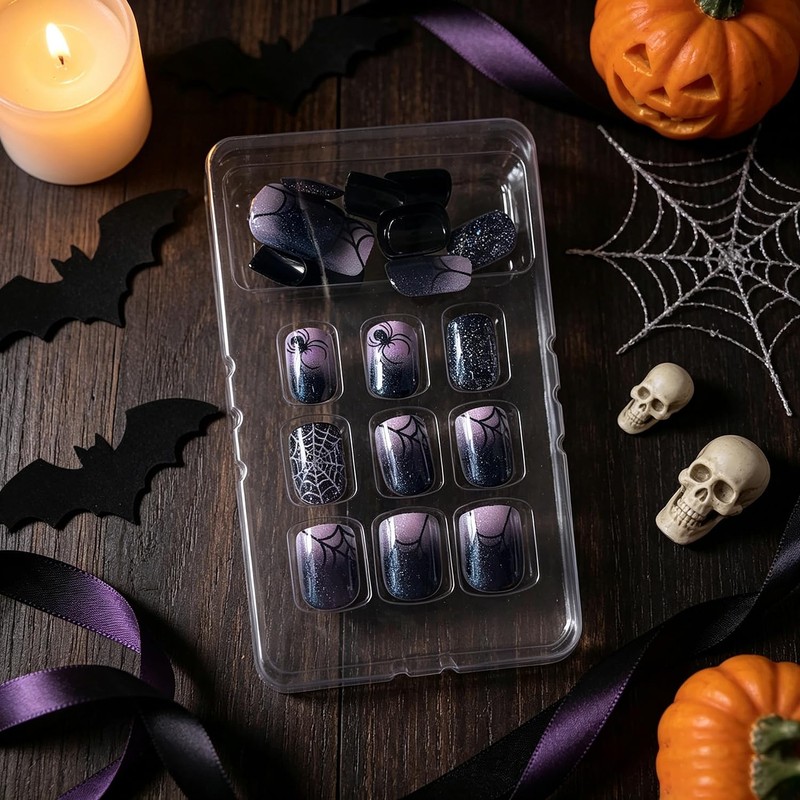 Halloween Press on Nails Short Square 3D Fake Nails Black