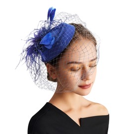 DRESHOW Fascinator Hats for Women Pillbox Hat with Veil Headband and a Forked Clip Tea Party Headpiece, Pillbox Hat 24-blue, Unit size