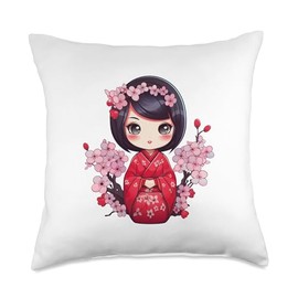 Cute Kokeshi Doll With Cherry Blossoms I Kokeshi Throw Pillow