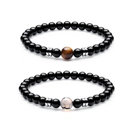 MOPOVO Bracelets For Men 7in Natural Stone Beads Bracelet Tiger Eye, Black Agate, Lava Rock Beaded Bracelet, Evil Eye Protection & Stylish Bracelet for Men Women's Jewelry Gifts