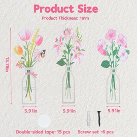 HOMMDECO Pink Metal Floral Wall Decoration 3 PCS Wall Art 3D Cutout Design Waterproof Wrought Iron for Bathroom Living Room Bedroom Studio Kitchen Country Farmhouse Home Decorations