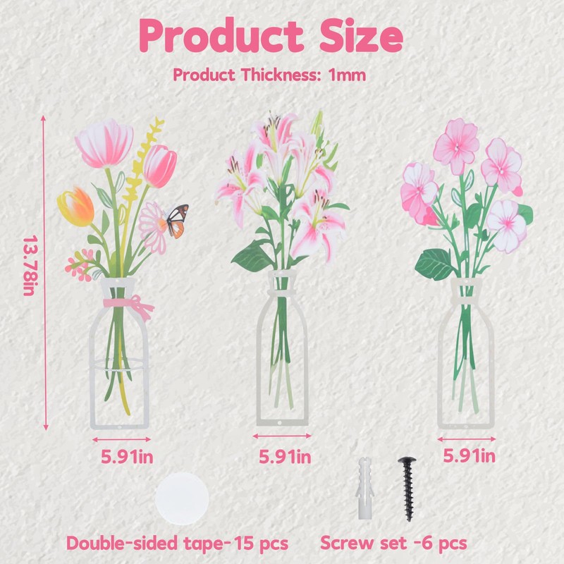 HOMMDECO Pink Metal Floral Wall Decoration 3 PCS Wall Art