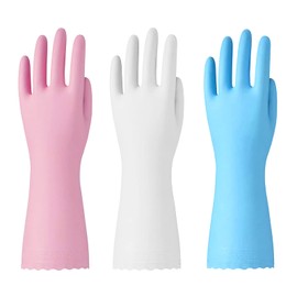 Bamllum Rubber Cleaning Gloves - 3 Pairs Latex Free Kitchen Cleaning Gloves with Cotton Liner- Household Dishwashing Gloves, Non- Slip Waterproof (Large, Blue+Pink+White)