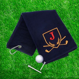 Always Looking Good Golf Towel with Monogrammed Embroidery Initial Letter Luxury Velour 50cm x 40cm Custom Embroidered Golf Towel with Carabiner Clip Gift- Golf Gifts for Men (Navy, J)