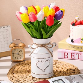 Uiifan 19 Pcs Easter Centerpieces for Tables Easter Office Decorations 18 Spring Artificial Tulip PU Flowers Bouquet with 1 Metal Pot Vase for Home Office Wedding Party Baby Shower(Bright Color)