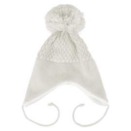 Baby Knitted Winter Hat, Boys & Girls Wooly Pom-Pom Hat with Ear Flaps & Chin Tie, White, 6-12 Months