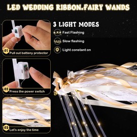 50 Pcs Wedding Wands Ribbon Streamers with 3 Colorful Flashing Modes, Light up LED Silk Fairy Wands, Glow Lace Stick with Bells for Wedding Reception, Graduation, New Year, Birthday Party (Champagne)