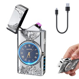 Electric Lighter with Clock YOZWOO USB Rechargeable Lighter with LED Light, Plasma Dual Arc Lighters with LED Power Display for Candle, Cool Lighters Gifts for Men and Women (Silver-Eagle)