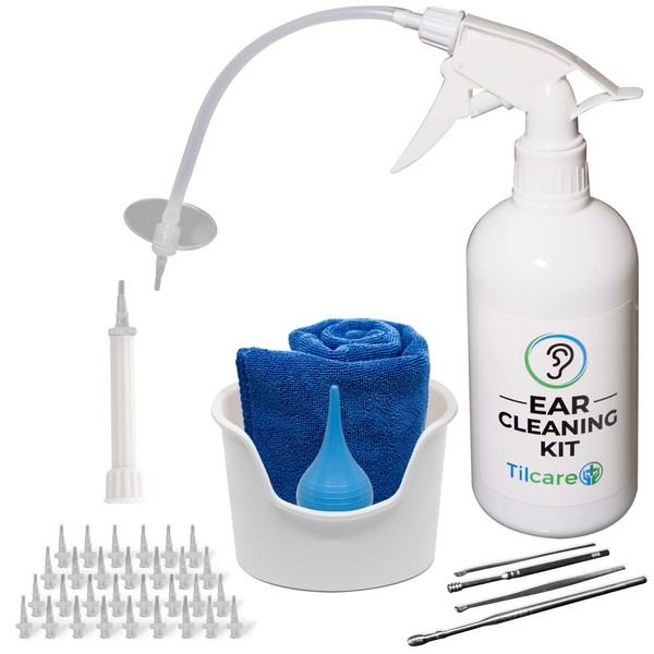 Ear Wax Removal Tool by Tilcare - Ear Irrigation Flushing System for Adults & Kids - Perfect Ear Cleaning Kit - Includes Basin, Syringe, Curette Kit (Spoon and Spiral), Towel and 30 Disposable Tips