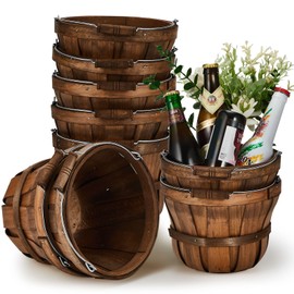 Marsui 10 Pcs 5.9 x 7.5'' Round Wooden Baskets Easter Baskets Portable Wood Fruit Buckets with Handles Garden Harvest Basket Fruits Vegetables Storage Container Party Supplies(Dark Brown)
