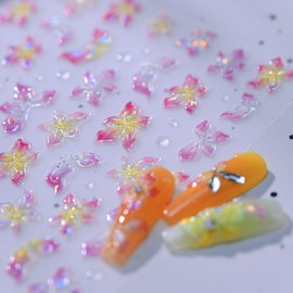 5D Embossed Nail Stickers Pink Flowers Nail Decals Spring Nail Art Stickers Self-Adhesive Shiny Hollow Floral Designs DIY Manicure Decoration Nail Art Supplies for Women Girls