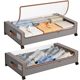 Yecaye Under Bed Storage with Wheels, 2 Pack Under Bed Storage Containers with Clear Lids & Label, XXL Large Lapacity Rolling Under Bed Drawers for Clothes, Shoes, Blankets