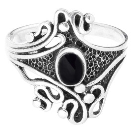 Windalf Vintage Women's Bohemia Silver Ring FIANA 17 mm Gothic Black Onyx 925 Sterling Silver, Fabric, Onyx