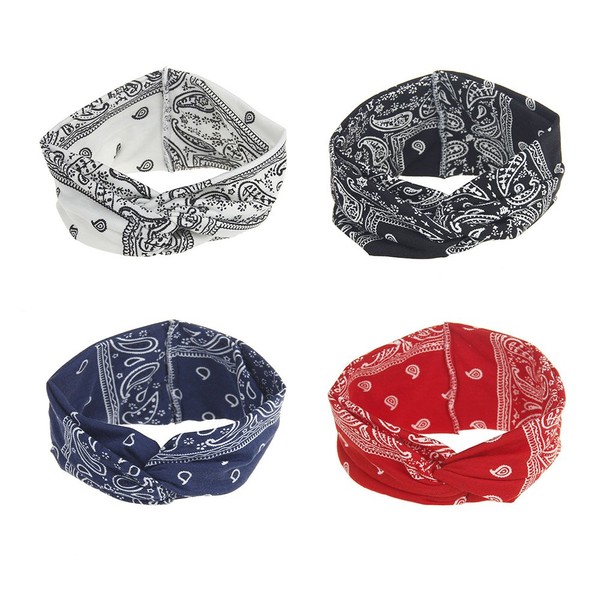 DINPREY Assorted Paisley Print Wide Bandana Knot Headbands Criss Cross