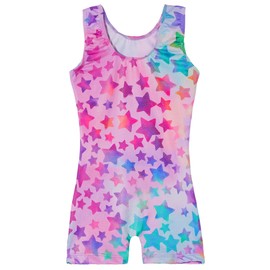 TENVDA Gymnastics Leotards for Girls 9 10 Years Old Sparkly Hot Pink Stars Print Kids Biketard with Shorts Tumbling Unitard