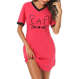 Litherday Nightdress Women's Short Sleepwear Cotton Loungewear Cat Night Dress Negligee Short Summer Sleeves Sleep Shirt with 2 Pockets, red