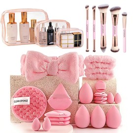 28 PCS Set de Brochas para Maquillaje,5 Brocha para Maquillaje de Premium,1 Coletero,9 Puff Se,2 Muñequera,8 Esponja de Maquillaje,3 Bolsa,Brochas para Maquillaje Profesional para Viajes y Uso Diario
