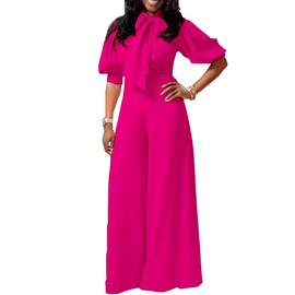 VERWIN Plain Dressy Full Length Bowknot Women's Jumpsuit High Waist Woman Romper L Rose