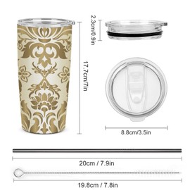 20 Oz Hot Cold Car Travel Mug Cup, Insulated 304 Stainless Steel Water Bottle, Double Walled with Removable Silicone Straw Print Luxury Gold Damask Seamless Golden Floral Flowers Texture