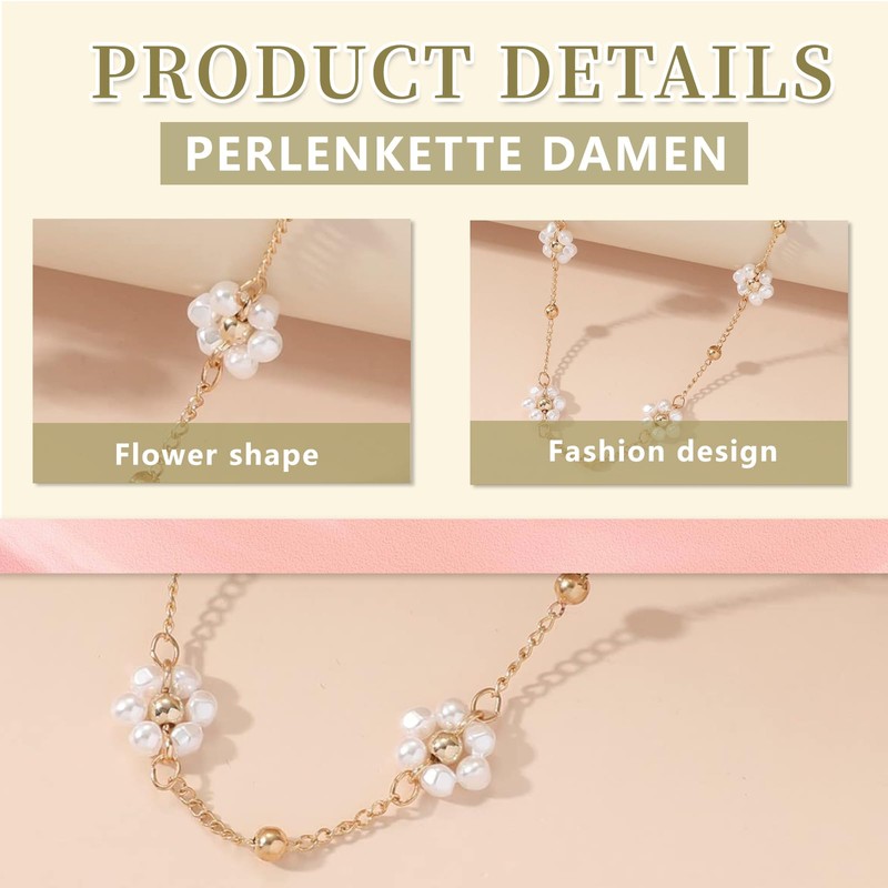 Mrltau 1 x Handmade Pearl Necklace with Flower, Pearl Chain