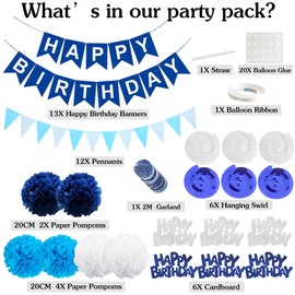 Aurmonigo Happy Birthday Banner Decorations - Blue White Party Happy Birthday Banners Bunting Hanging Swirls Garland, Tissue Paper Pom Poms for Boys Kids Adults Decoration Supplies