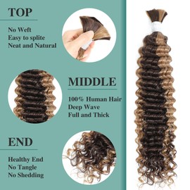 Humistwbiu Human Braiding Hair Ombre Braiding Hair 1 Bundle 100g Deep Wave Honey Blonde Braiding Hair Highlight Water Wave Bulk Human Hair 10A Brazilian Braiding Hair for Boho Braids (P4/27-24 Inch)