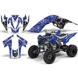 AMR Racing ATV Graphics kit Sticker Decal Compatible with Yamaha Raptor 700 2006-2012 - Checkered Skull Black Blue