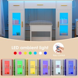 BEWISHOME Makeup Vanity Desk with Mirror and Lights 43.3" Large Vanity Table with Glass Top & Stool,White Makeup Desk with Power Outlet,3 Drawers,Storage,Cabinet,Dressing Table for Women,Girls FST35W