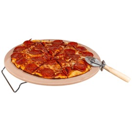 Pizza Stone - 15-Inch Pizza Stone for Oven or Grill with Pizza Cutter and Metal Serving Rack/Handles - Pizza Oven Accessories by Classic Cuisine