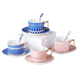 Jusalpha Set of 4 Elegant Modern Blue And Pink 7.4 oz Teacups and Saucers Set-Coffee Cup with Sauce and spoons, TCS27 (Blue/Pink, Serve of 4)