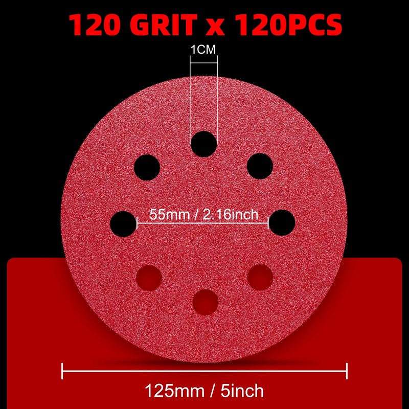Pukamam 120PCS 125mm Sanding Discs 120 Grit for Random Orbital