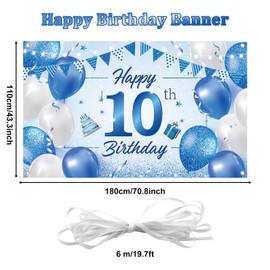 10th Birthday Backdrop Banner,BTZO Happy 10th Birthday Decorations,Blue White Fabric Photo Backdrop Background for Boys and Girls 10th Birthday Party,180×110cm