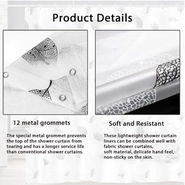 Shower Curtains Mould Proof Resistant - Leaves Patterned Semi-Transarent Shower Curtain, PEVA Waterproof Bathroom Curtains with 12 Hooks, 180 x 200 cm