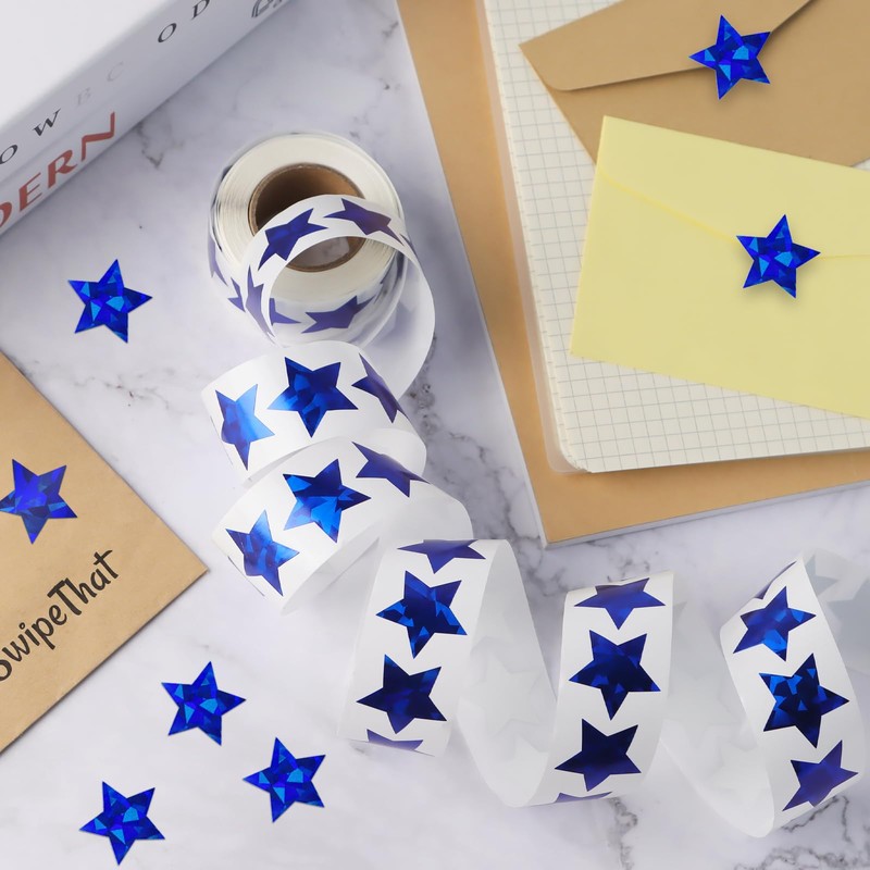 500 PCS Holographic Blue Star Stickers, 1 inch Self Adhesive