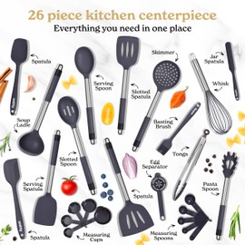 SMIRLY Silicone Kitchen Utensils Set with Holder - Silicone Cooking Utensils Set for Nonstick Cookware, Kitchen Spatula Set & Kitchen Essentials, Home Kitchen Tools & Accessories Set - Grey