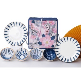 iDourer Ceramic Plates and Bowls Set, Japanese Style Dinnerware Set with Gift Box - Blue and White - 4 Rice Bowls and 2 Pasta Bowls - Kitchen Gifts for Women