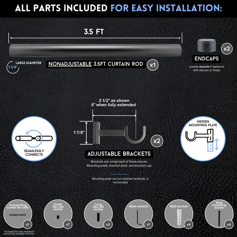 BlastHome® Non-Adjustable Luxury Curtain Rods for Windows, 1 ¼” Rod