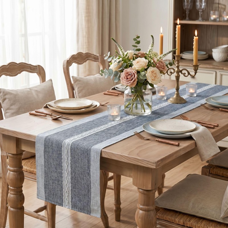 Blue Braided Striped Rustic Chenille Table Runner, Seasonal Embroidered Kitchen