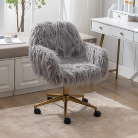 SSLine Faux Fur Vanity Chair Modern Grey Furry Makeup Desk Chairs for Girls Women Elegant Comfy Upholstered Arm Chair with Gold Base in Bedroom Living Room(Grey&Gold)