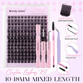 Lash Clusters Kit Natural Eyelashes Individual D-Curl Soft Cluster Lashes c9 10-18mm Mixed Russian DIY Lash Extension Kit with Lash Bond and Seal(FK/KIT-c9-D-Mix1018)