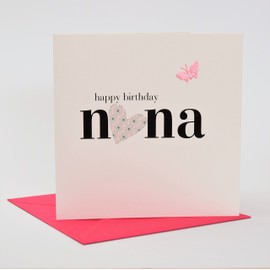 Claire Giles Happy Birthday Nana Card, Embellished with a Fabric Butterfly Pink HNS24, 150mm x 150mm