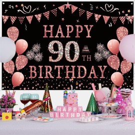 90th Birthday Decorations for Women, Pink Glitter Spots Fabric Sign Poster Birthday Party Decoration, 90th Birthday Background Banner Woman, 90th Birthday Party Decoration