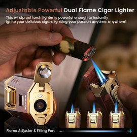 4-in-1 Torch Cigar Lighter, with Cigar V Cutter Set, Built-in Cigar Punch, Cigar Holder & Draw Enhancer, Cigar Accessories Gifts for Men, Dual Jet Flame Refillable Butane Lighters for Smoking, Travel