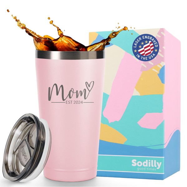 Sodilly Mom Est. 2023 Tumbler - Mom Tumbler 16 oz White - Ideal for New Mothers - First Time Pregnancy Gifts - Post Birth Presents for Women - Perfect Baby Shower Gifts - Push Presents for New Mom