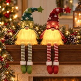 2-Pack LED Christmas Gnome Decorations for Holiday Home Decor – Red & Green Light-Up Plush Gnomes for Mantels and Shelves