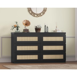 GarveeHome Rattan Dresser for Bedroom with 6 Drawers, 47" Modern Farmhouse Wide Chest of Drawers, Wood Storage Cabinet Organizer for Closet, Living Room, Hallway