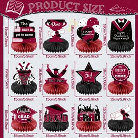Honoson 12 Pcs 2023 Graduation Party Decorations Class of 2023 Congrats Grad Honeycomb Centerpieces Congratulate Graduation Table Toppers for Graduation Party Favor Supplies (Maroon, Black)